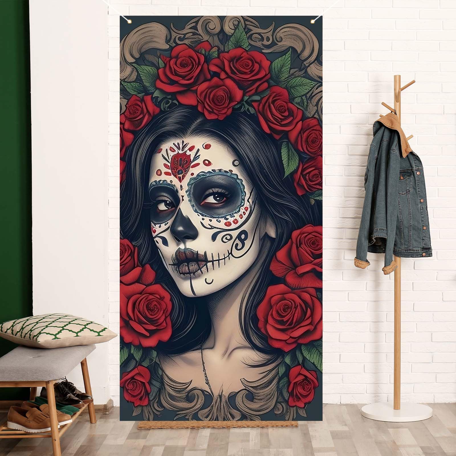 Dia De Los Muertos Door Cover Day of The Dead Porch Sign Banner Gothic Halloween Sugar Skull Marigold Flowers Decorations and Supplies for Home