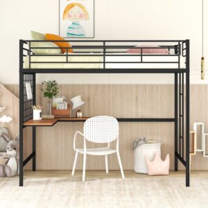 black full loft bed with desk & metal grid, metal loft bed full size with safety guardrails and ladders, high loft bed frame for teens, adults, no box spring needed