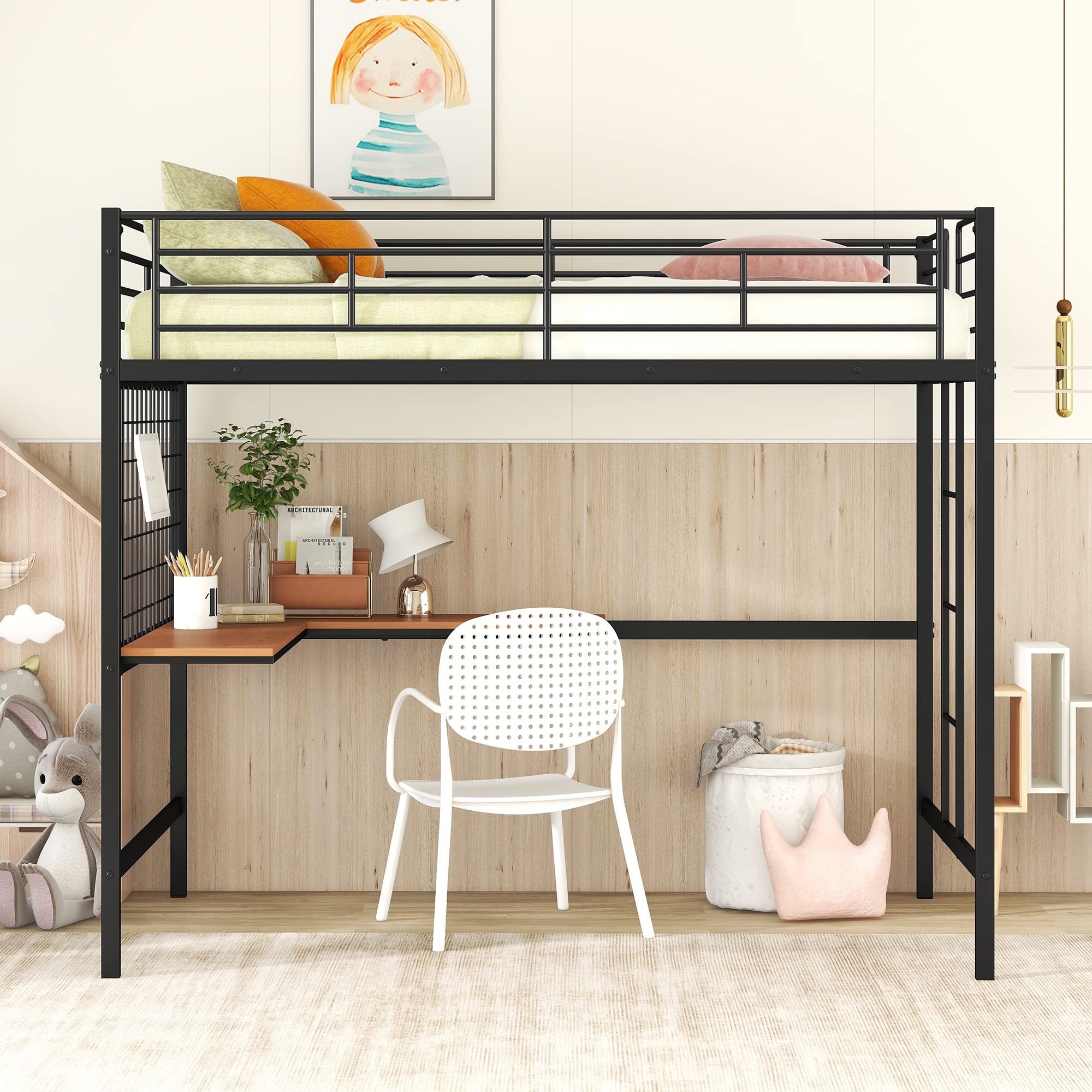 Black Full Loft Bed with Desk & Metal Grid, Metal Loft Bed Full Size with Safety Guardrails and Ladders, High Loft Bed Frame for Teens, Adults, No Box Spring Needed