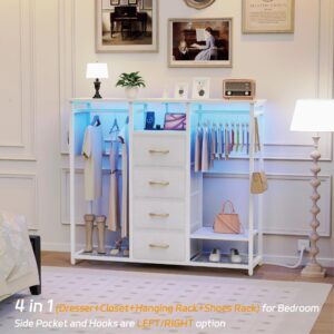 Dresser for Bedroom with 2 Clothes Racks,4 Drawer Dresser with Led Light and Charging Station,Wardrobe Dresser with Clothes Storage Chest Hanging Rack,Closet Dresser with Side Pocket and Hooks,White