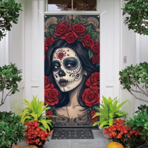 Dia De Los Muertos Door Cover Day of The Dead Porch Sign Banner Gothic Halloween Sugar Skull Marigold Flowers Decorations and Supplies for Home