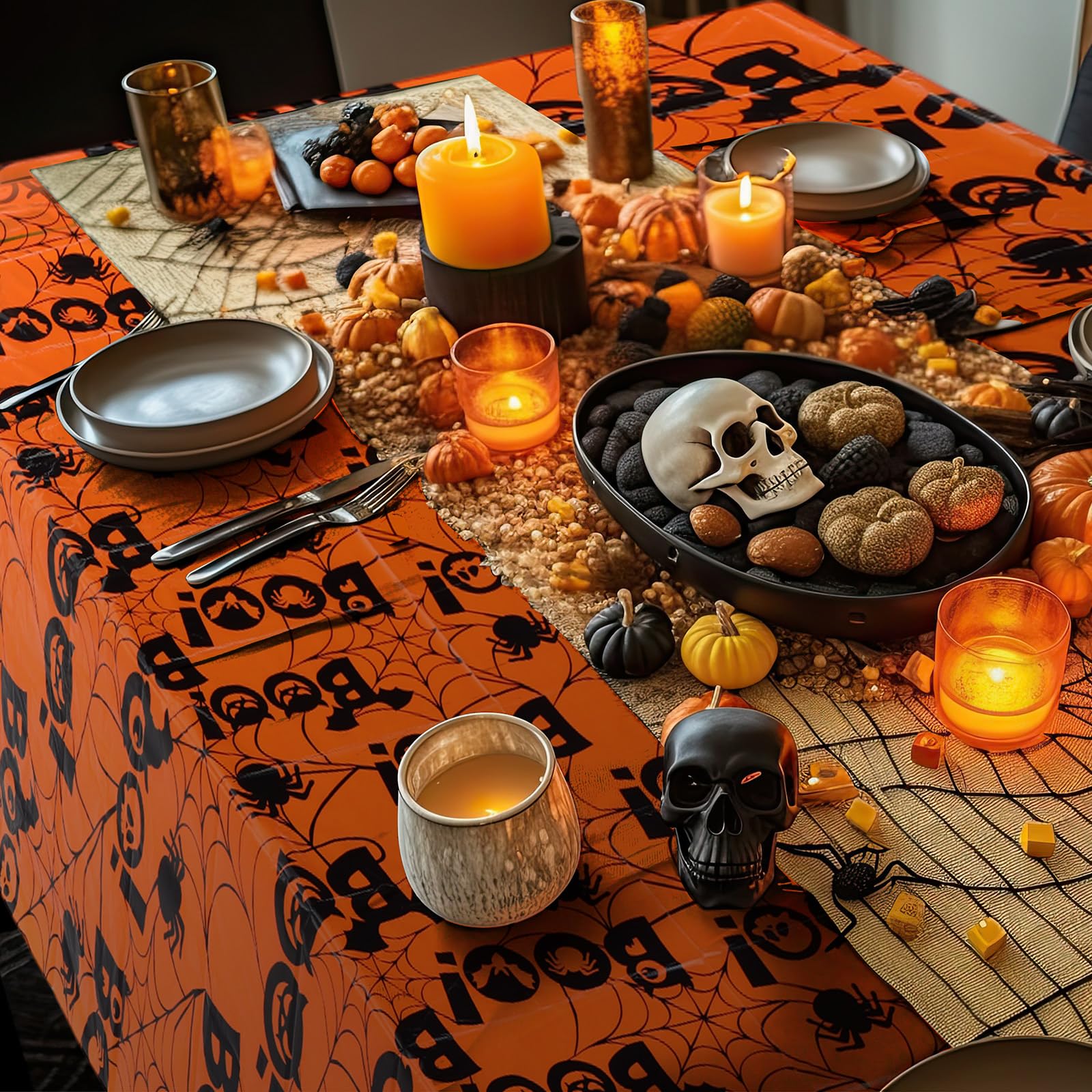 Shellwei 4 Pcs Plastic Tablecloth For Halloween Christmas Thanksgiving Day Tablecloth 54" x 108" Waterproof Table Cover Disposable Banquet Table Cloth for Indoor Outside Home Party (Halloween)