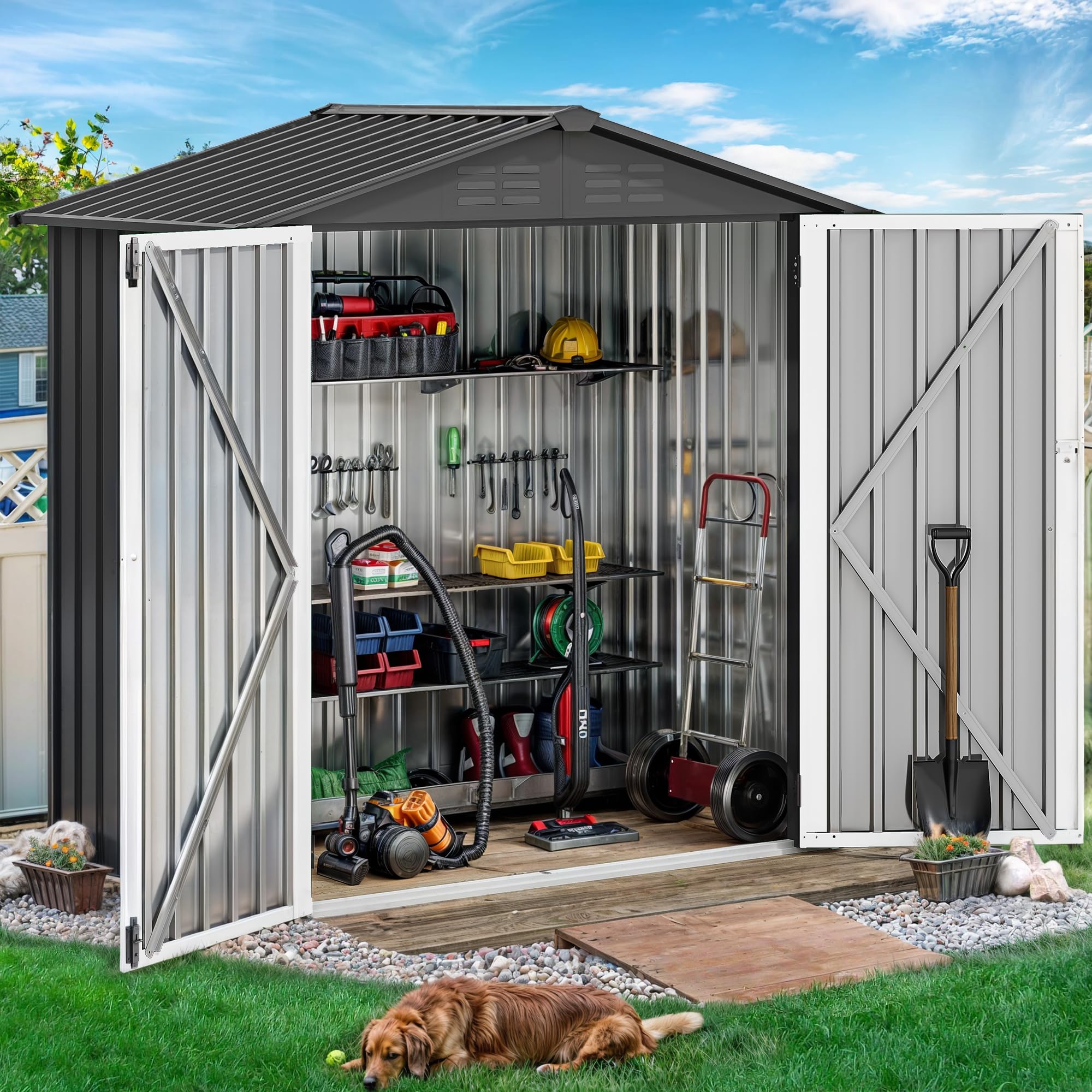 DWVO 5.6x3.2ft Metal Outdoor Storage Shed, Waterproof Tool Shed Heavy-Duty Storage Unit with Lockable Door and Vents, Ideal for Bicycles, Tools, Lawnmowers, Backyards, Patios, Lawns - Dark Gray