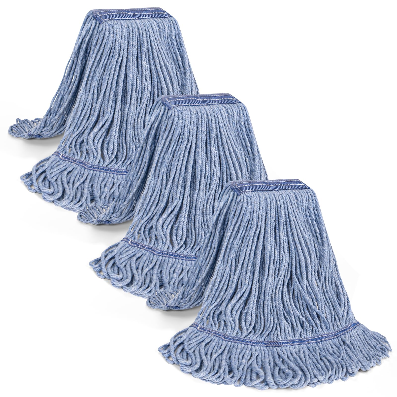 DRKLEAN 3 Pack Heavy Duty Commercial Mop Head Replacement, Wet Industrial Cotton Looped End String Cleaning Mop Head Refill,Highly Absorbent,Commercial Mop Head Replacement (Blue 3 Pack)