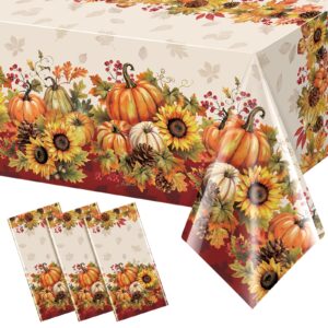 yidako 3 pack 108x54 inch fall tablecloths, sunflower pumpkin tablecloth,plastic disposable rectangle table cover for autumn harvest thanksgiving halloween party decorations