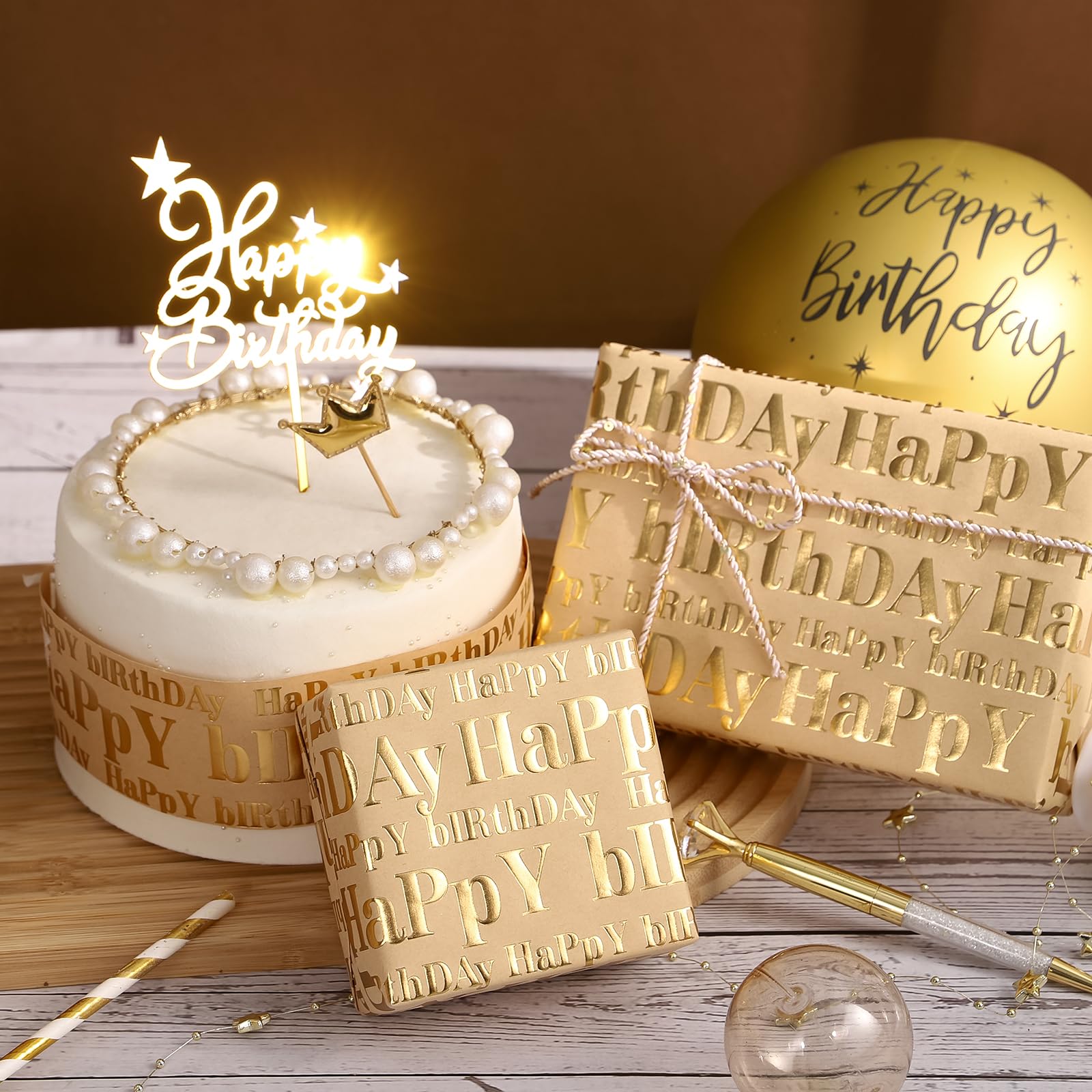 WRAPAHOLIC 3D Kraft Birthday Wrapping Paper Roll - Mini Roll - 17 Inch x 16.5 Feet - Gold and Brown Happy Birthday Lettering Design with Embossed Perfect for Holiday, Party Celebration