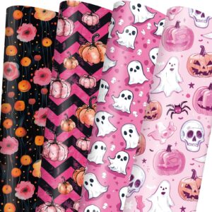 vnaaem pink halloween wrapping paper with ghost pumpkin skeleton patterns folded flat art paper for diy crafts trick or treat birthday party - 20 x 28inches per sheet(8 pack)