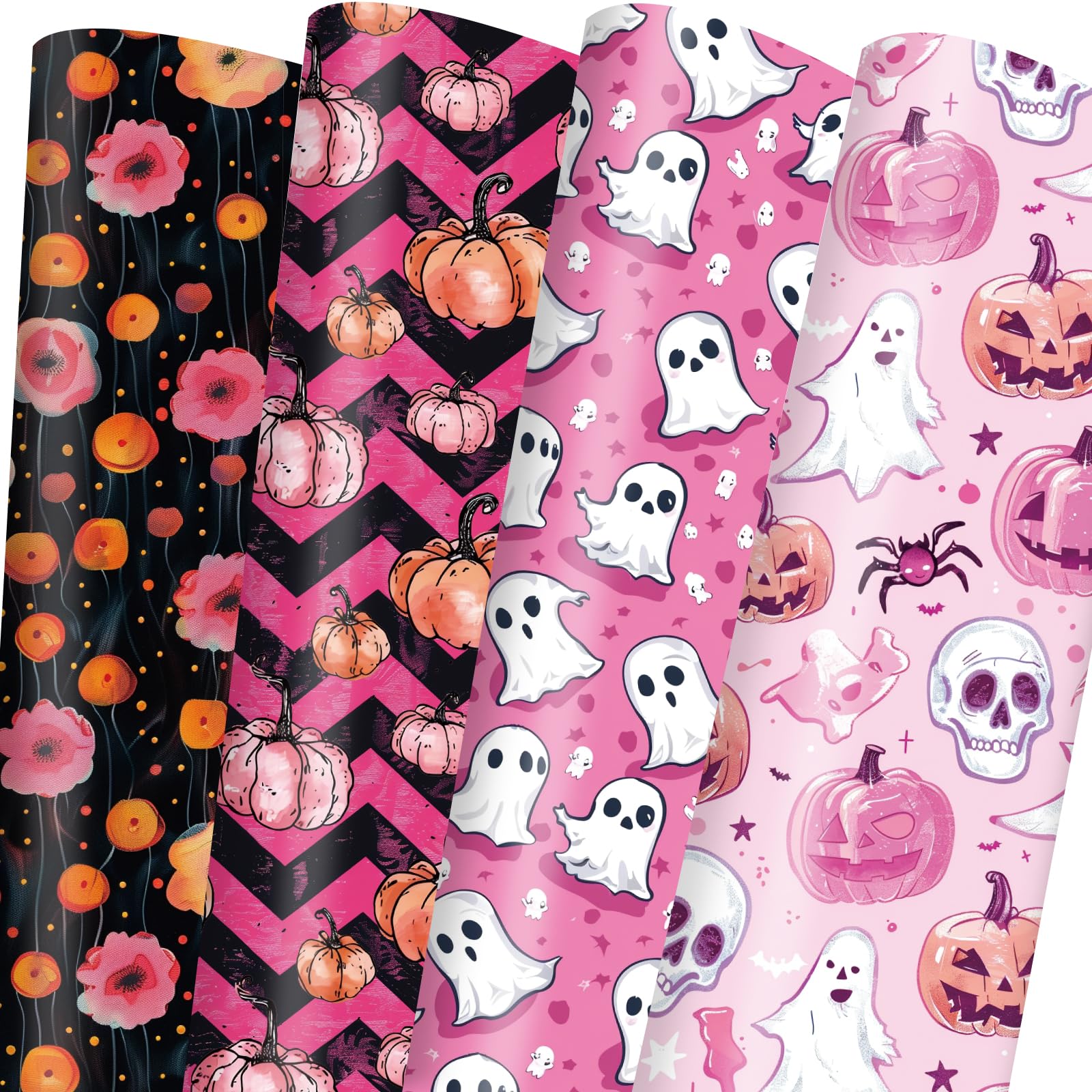 Vnaaem Pink Halloween Wrapping Paper with Ghost Pumpkin Skeleton Patterns Folded Flat Art Paper for DIY Crafts Trick or Treat Birthday Party - 20 X 28Inches Per Sheet(8 Pack)