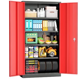 pataku metal storage cabinet, 72" garage cabinet with doors and shelves lockable steel multifunctional cabinet, tool cabinet for garage, file cabinet for home, office, warehouse(black red)