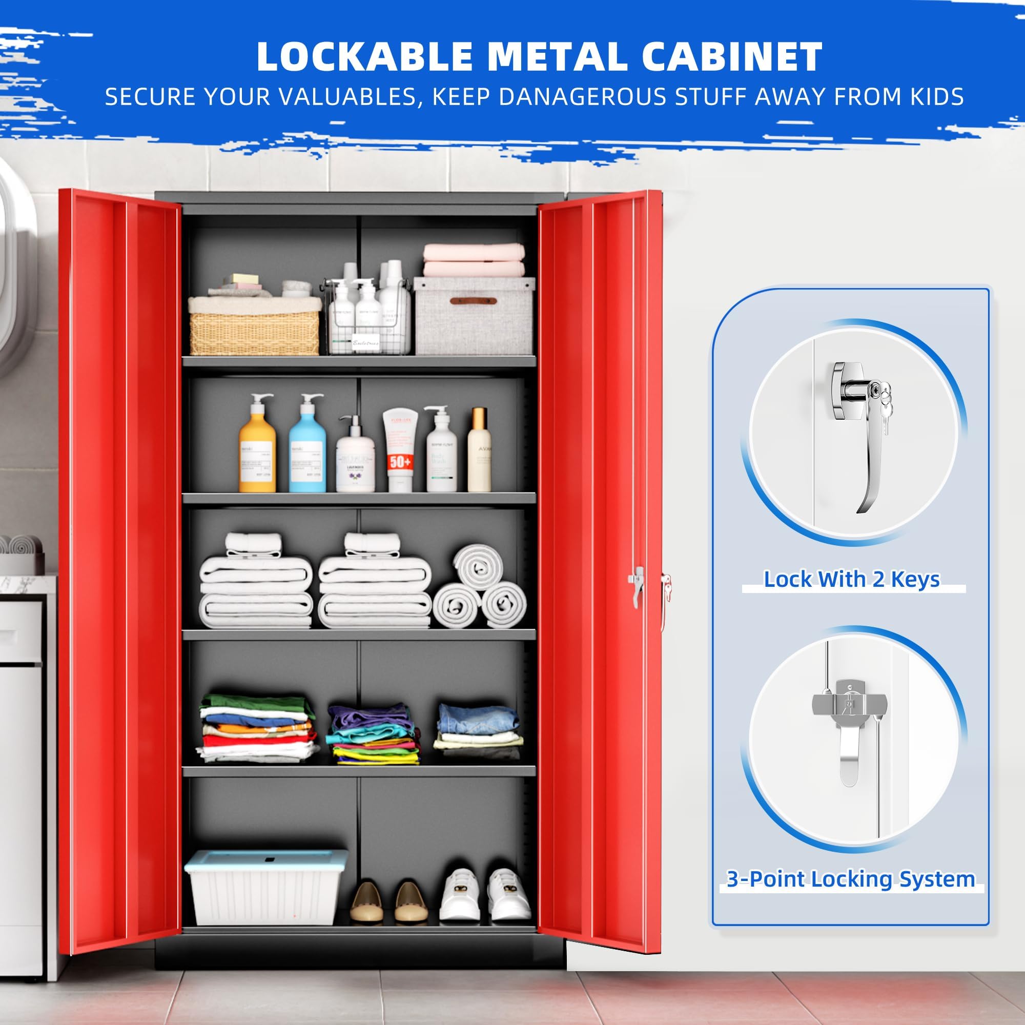 Pataku Metal Storage Cabinet, 72" Garage Cabinet with Doors and Shelves Lockable Steel Multifunctional Cabinet, Tool Cabinet for Garage, File Cabinet for Home, Office, Warehouse(Black Red)