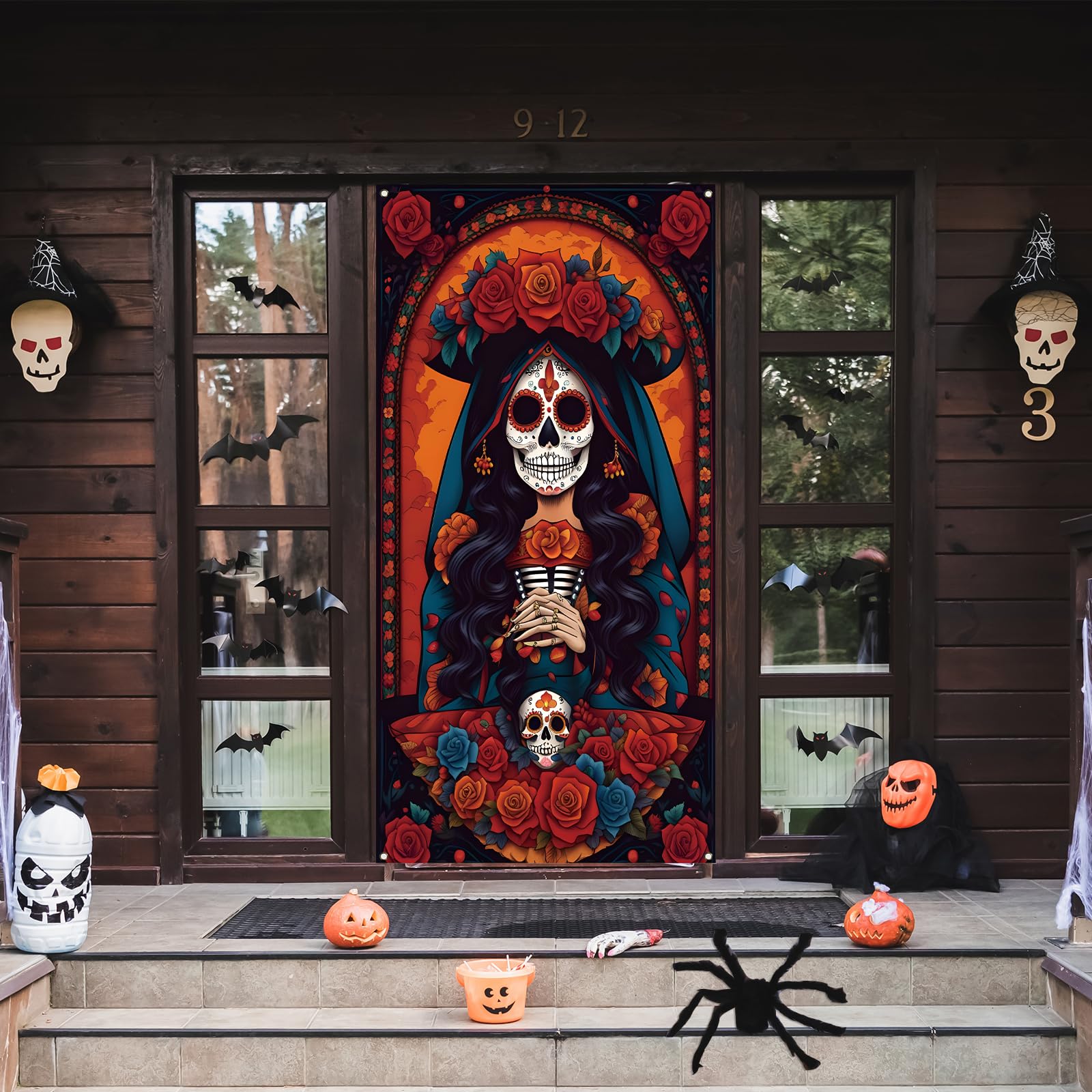 Day of The Dead Door Cover Dia De Los Muertos Backdrop Sugar Skull Rose Altar Mexican Fiesta Party Decorations and Supplies for Home