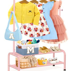 Kids Clothing Rack - Kids Dress Up Clothes Storage Racks - Dress Up Rack for Little Girls - Small Kids Costume Wardrobe Rack with 2 Fabric Floors Storage Shelf - Mini Short Kids Clothing Garment Rack