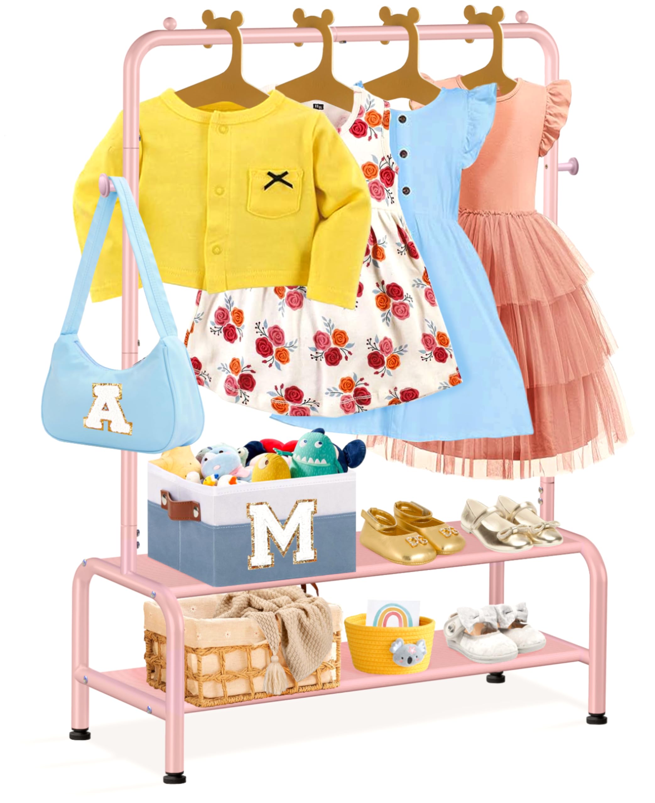 Kids Clothing Rack - Kids Dress Up Clothes Storage Racks - Dress Up Rack for Little Girls - Small Kids Costume Wardrobe Rack with 2 Fabric Floors Storage Shelf - Mini Short Kids Clothing Garment Rack