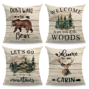 7colorroom vintage animals pillow cover double-sided printed wood grain background wildlife elk don’t wake the bear cushion cover forest animals home decorative pillowcases 18" x 18" set of 4