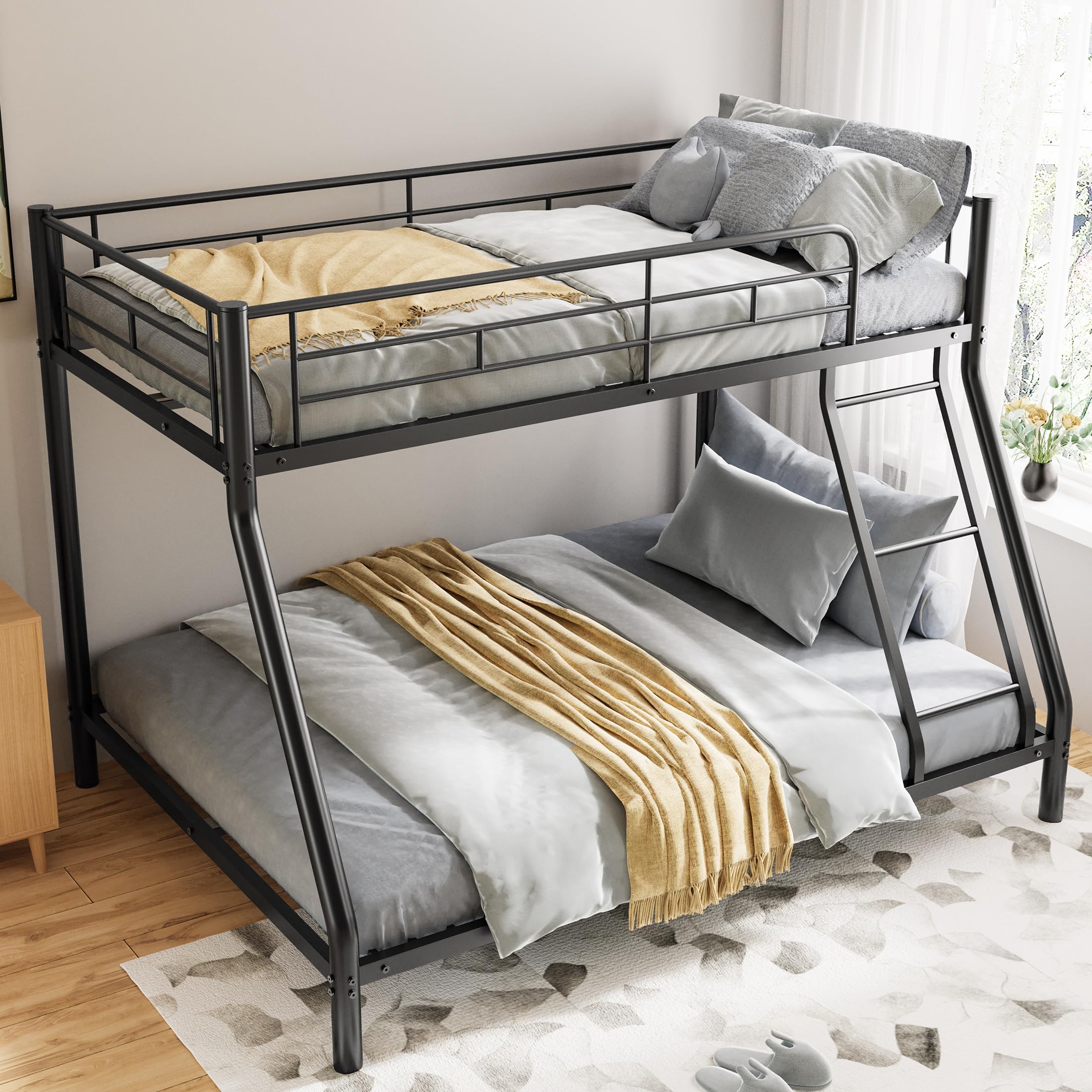 UOCFYK Twin Over Full Size Bunk Bed with Wood Slats & Ladder for Dorm, Bedroom, Apartment, Sturdy Bedframe w/Guardrail, Easy to Assemble, No Box Spring Needed, Black