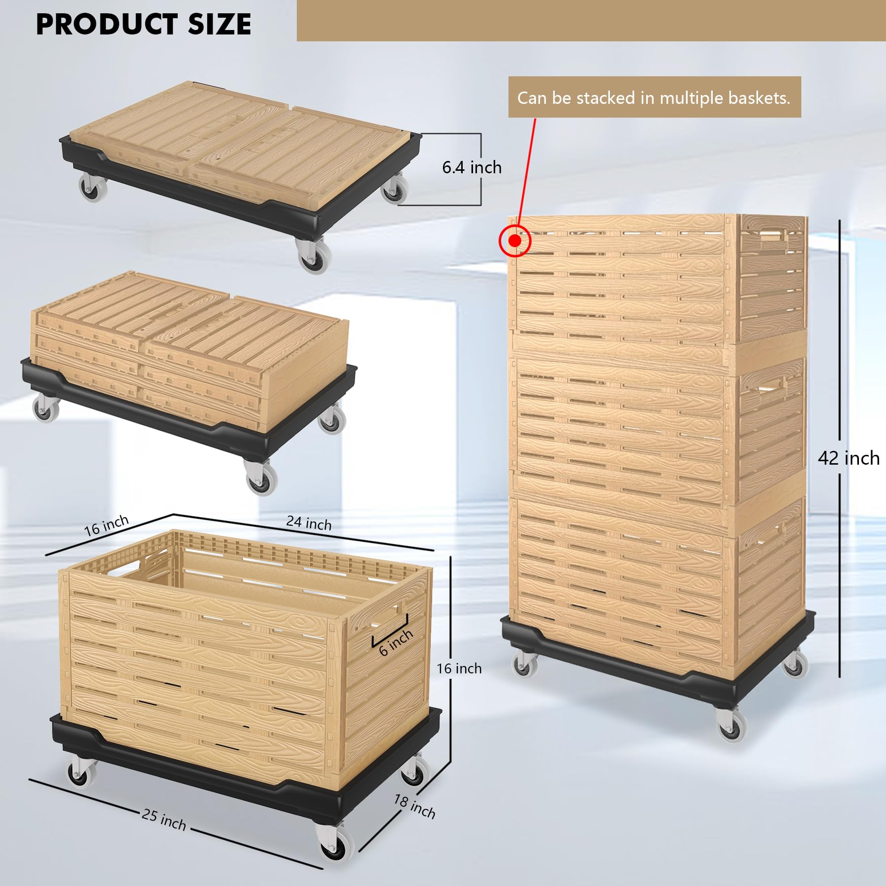 Chinco Star Moving Dolly with Collapsible Storage Bins, 25x18 Inches Furniture Movers Dollys, 330 Lbs Capacity Heavy Duty Platform Dolly 4 Wheels Rectangle Multifunctional Mover Carrier