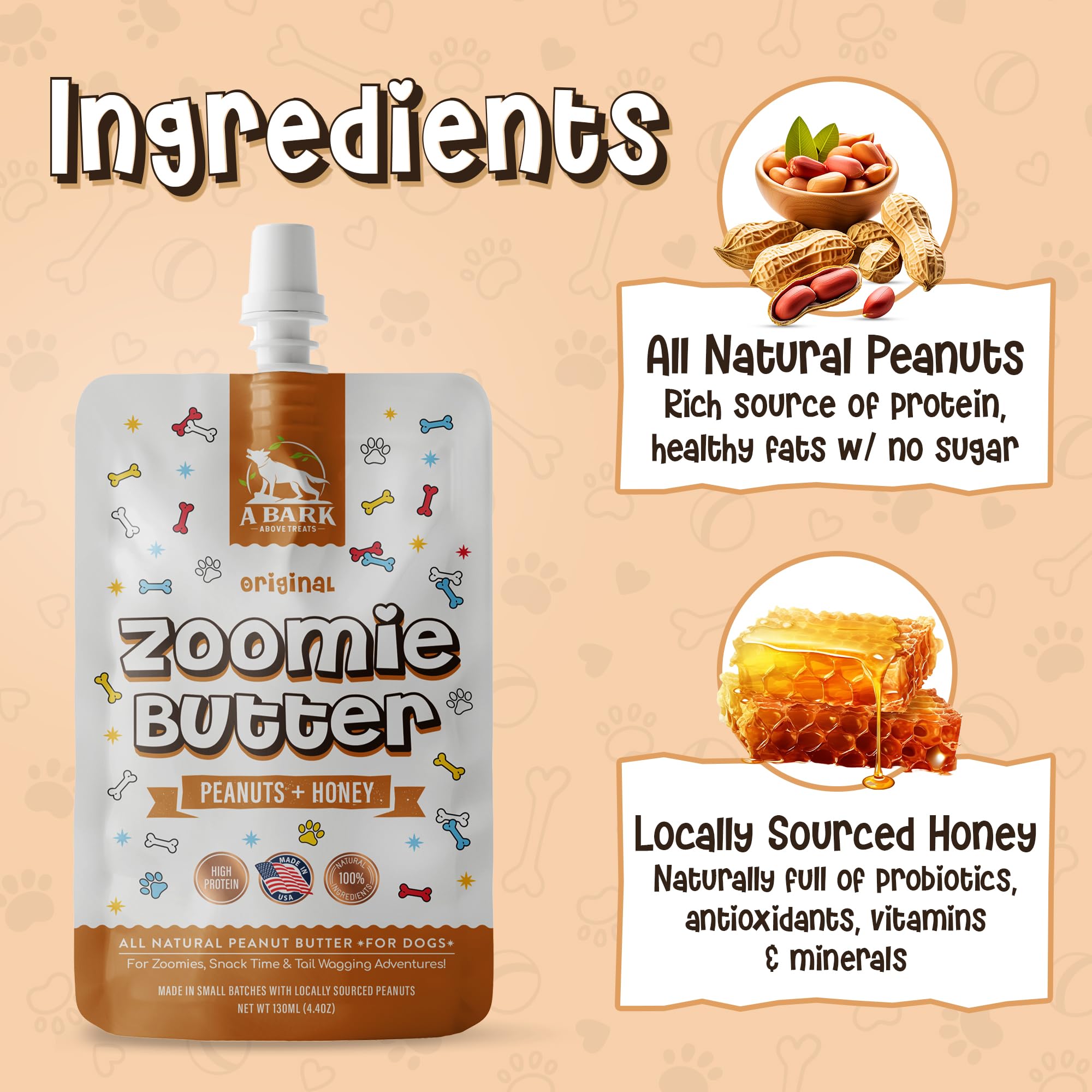 Zoomie Butter Original All Natural Dog Peanut Butter Squeeze. Human Grade, Healthy Dog Treat/Dog Food. Peanuts & Honey for Puppy Training, Behavior Aid, Pet Enrichment Toys, Grown & Made in USA