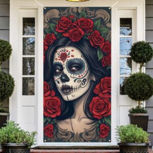 dia de los muertos door cover day of the dead porch sign banner gothic halloween sugar skull marigold flowers decorations and supplies for home