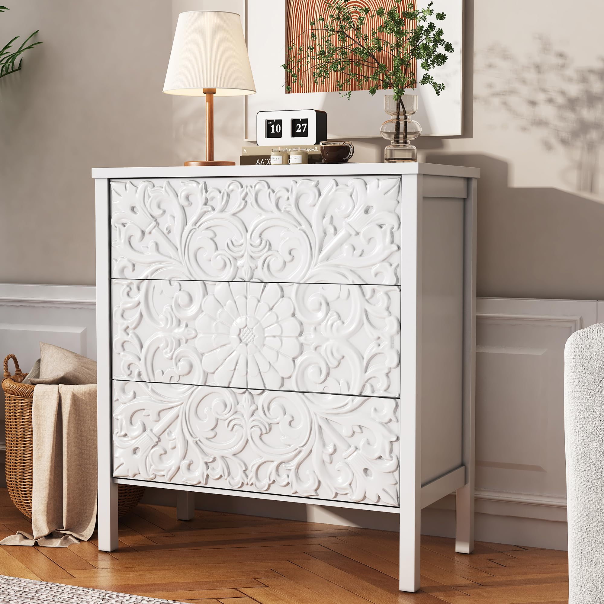 PHOYAL 3-Drawer Dresser Chest, Modern Wooden Flower Motif Dresser with Wide Storage Space Chest of Drawers Bedside Nightstand Dresser Closet for Living Room Bedroom, Hallway (White)