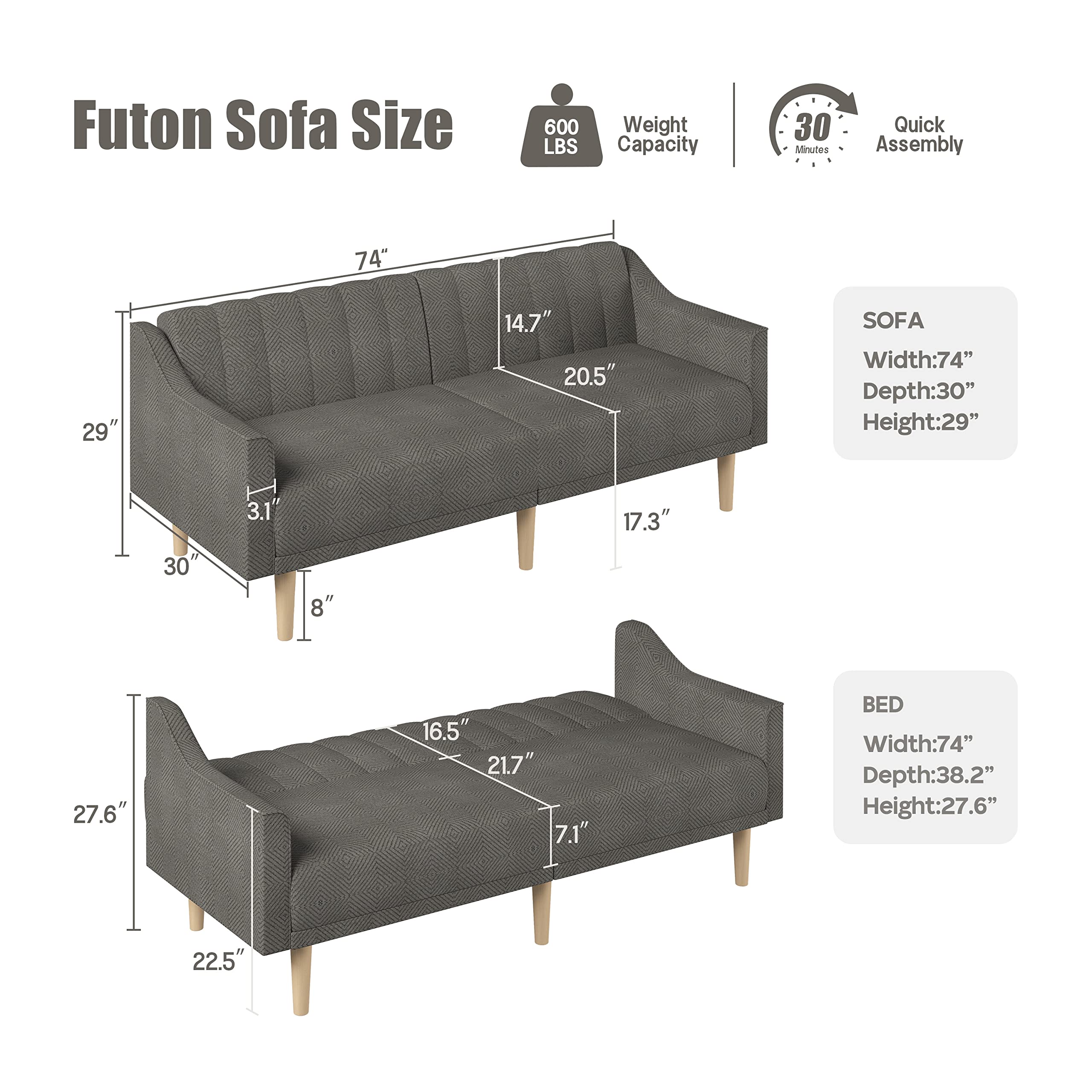 Velvet Futon Sofa Bed Couch, 74" Grey Convertible Sleeper Sofa, Loveseat Futon Couch with Adjustable Backrests, Couches for Living Room Bedroom Apartment