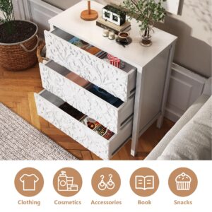 PHOYAL 3-Drawer Dresser Chest, Modern Wooden Flower Motif Dresser with Wide Storage Space Chest of Drawers Bedside Nightstand Dresser Closet for Living Room Bedroom, Hallway (White)