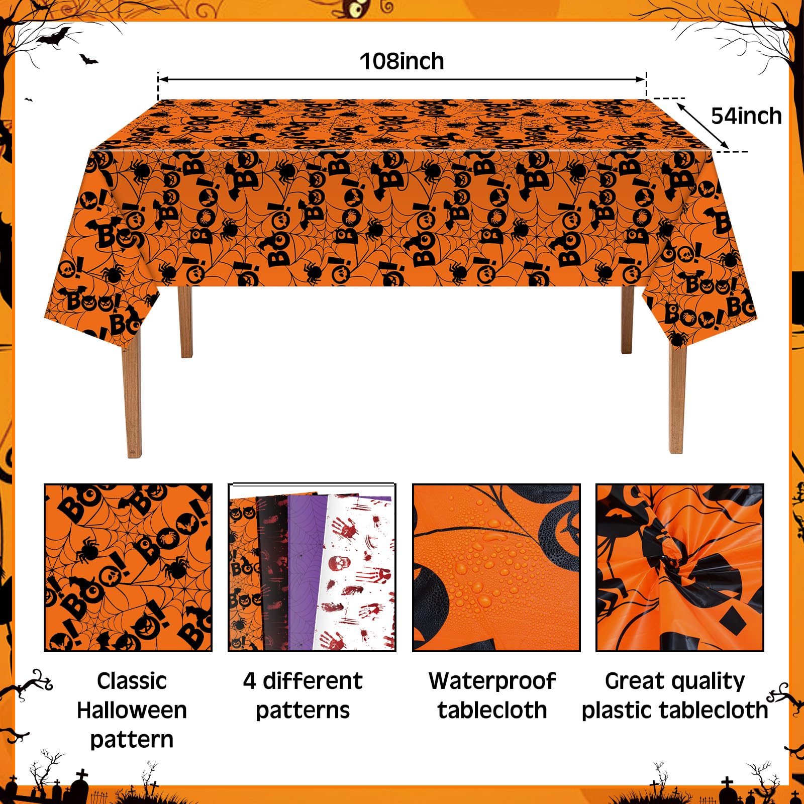 Shellwei 4 Pcs Plastic Tablecloth For Halloween Christmas Thanksgiving Day Tablecloth 54" x 108" Waterproof Table Cover Disposable Banquet Table Cloth for Indoor Outside Home Party (Halloween)