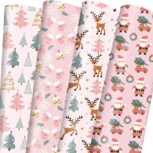 vnaaem pink christmas wrapping paper for boys girls kids - cute xmas gift wrap with santa christmas tree reindeer design for christmas holiday party celebration - 20 x 28inches per sheet(8 pack)