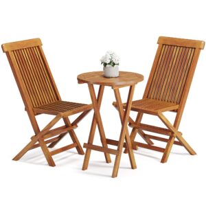 YITAHOME 3 Piece Teak Wood Patio Bistro Set with 2 Folding Chairs and Round Table, Folding Dining Table and Chairs with Metal Buckles for Backyard, Balcony, Pool, Porch, Deck