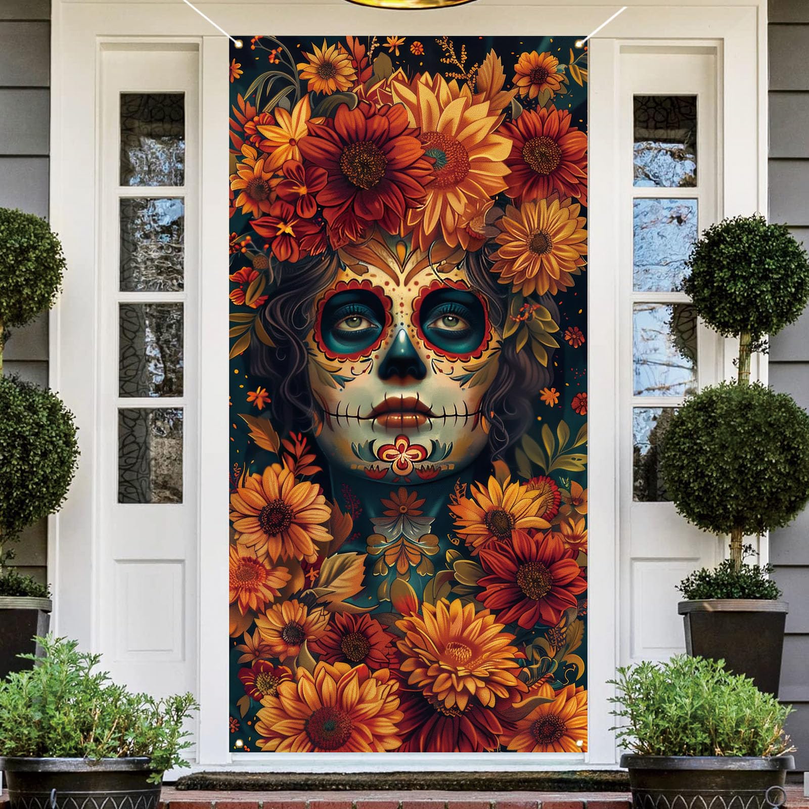 Dia De Los Muertos Door Cover Day of The Dead Porch Sign Banner Gothic Halloween Sugar Skull Marigold Flowers Decorations and Supplies for Home