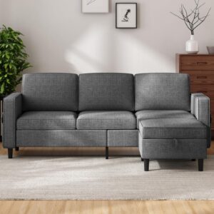 muzz 3-seater sectional sofa with movable storage ottoman, modern linen sectional couch with side pockets, l shaped sofa couch for living room, apartment,office(dark grey)