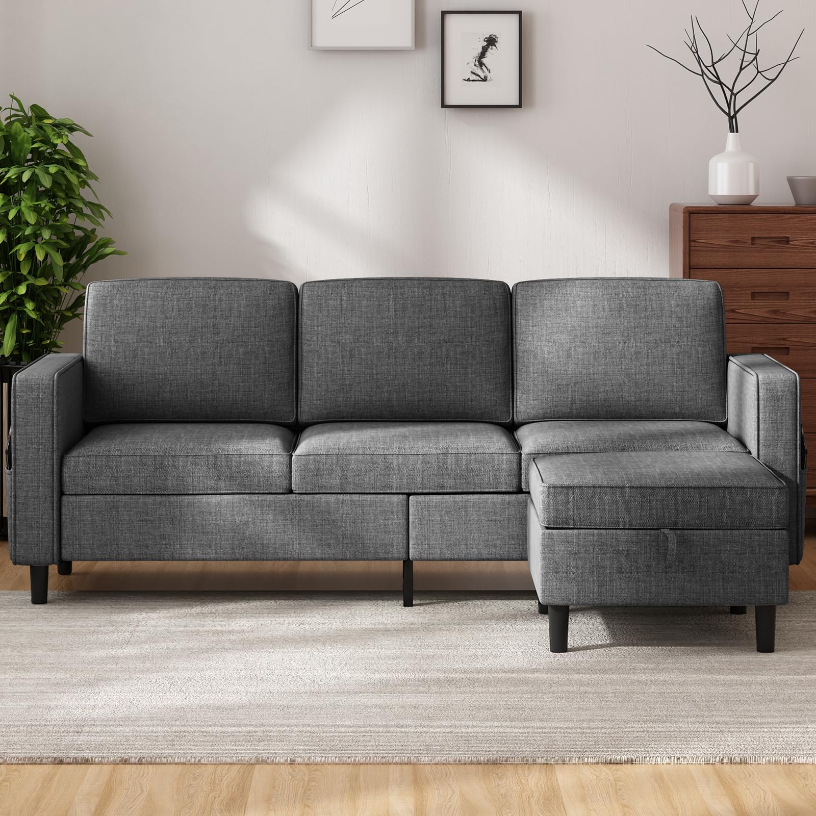 MUZZ 3-Seater Sectional Sofa with Movable Storage Ottoman, Modern Linen Sectional Couch with Side Pockets, L Shaped Sofa Couch for Living Room, Apartment,Office(Dark Grey)