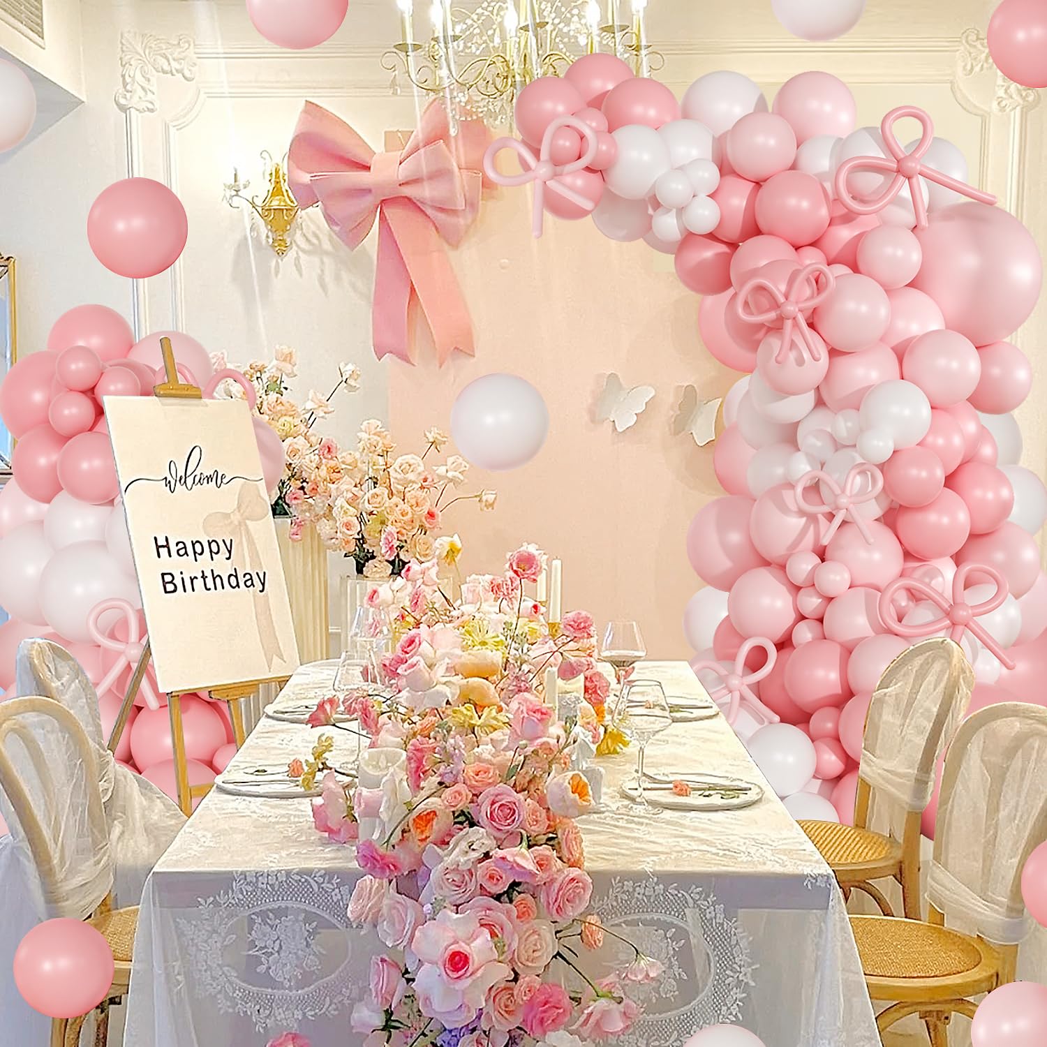 Coquette Birthday Decorations 145 Pcs Coquette Bow Pink and White Balloon Arch Kit Include Bow Balloon Light Pink White Bow Balloons for Pink Bow Birthday Party Decorations