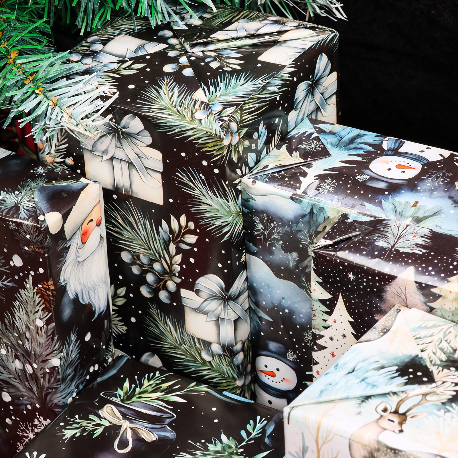 Vnaaem Black Christmas Wrapping Paper 6 Watercolor Xmas Style Gift Wrapping Paper Bulk Santa Snowman Christmas Trees and Reindeer Designs Folded Flat for Winter Holiday - 20 X 28Inches Per Sheet(6 Pack)