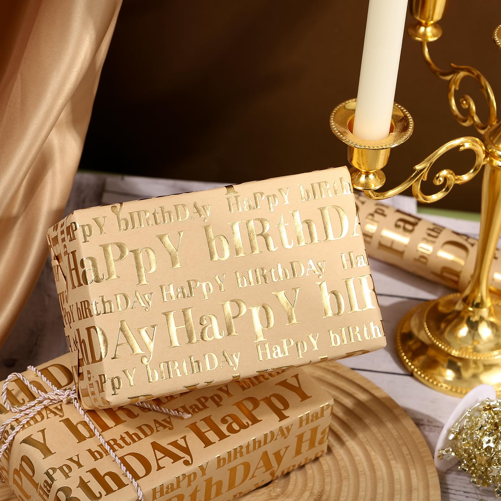 WRAPAHOLIC 3D Kraft Birthday Wrapping Paper Roll - Mini Roll - 17 Inch x 16.5 Feet - Gold and Brown Happy Birthday Lettering Design with Embossed Perfect for Holiday, Party Celebration