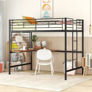 Black Full Loft Bed with Desk & Metal Grid, Metal Loft Bed Full Size with Safety Guardrails and Ladders, High Loft Bed Frame for Teens, Adults, No Box Spring Needed