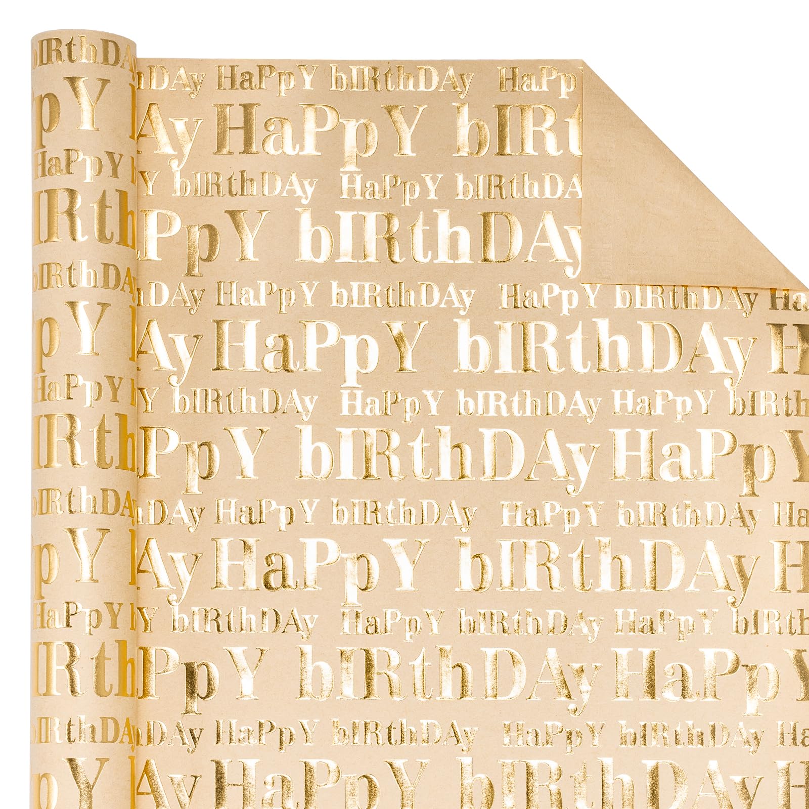 WRAPAHOLIC 3D Kraft Birthday Wrapping Paper Roll - Mini Roll - 17 Inch x 16.5 Feet - Gold and Brown Happy Birthday Lettering Design with Embossed Perfect for Holiday, Party Celebration