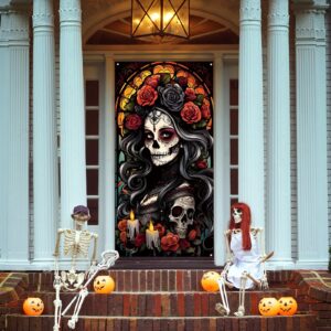 Day of The Dead Door Cover Dia De Los Muertos Backdrop Sugar Skull Rose Altar Mexican Fiesta Party Decorations and Supplies for Home