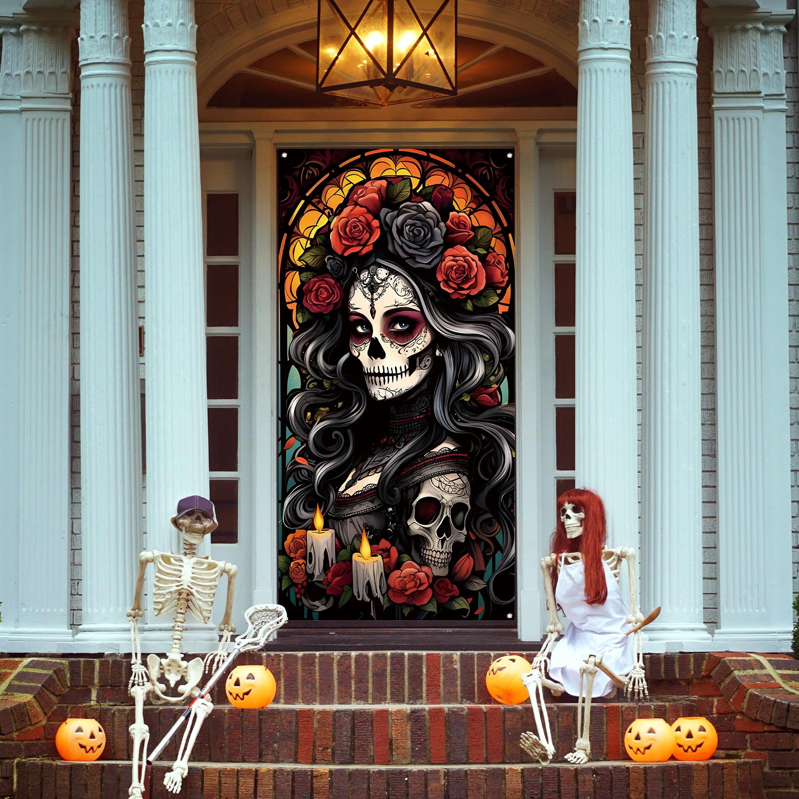 Day of The Dead Door Cover Dia De Los Muertos Backdrop Sugar Skull Rose Altar Mexican Fiesta Party Decorations and Supplies for Home