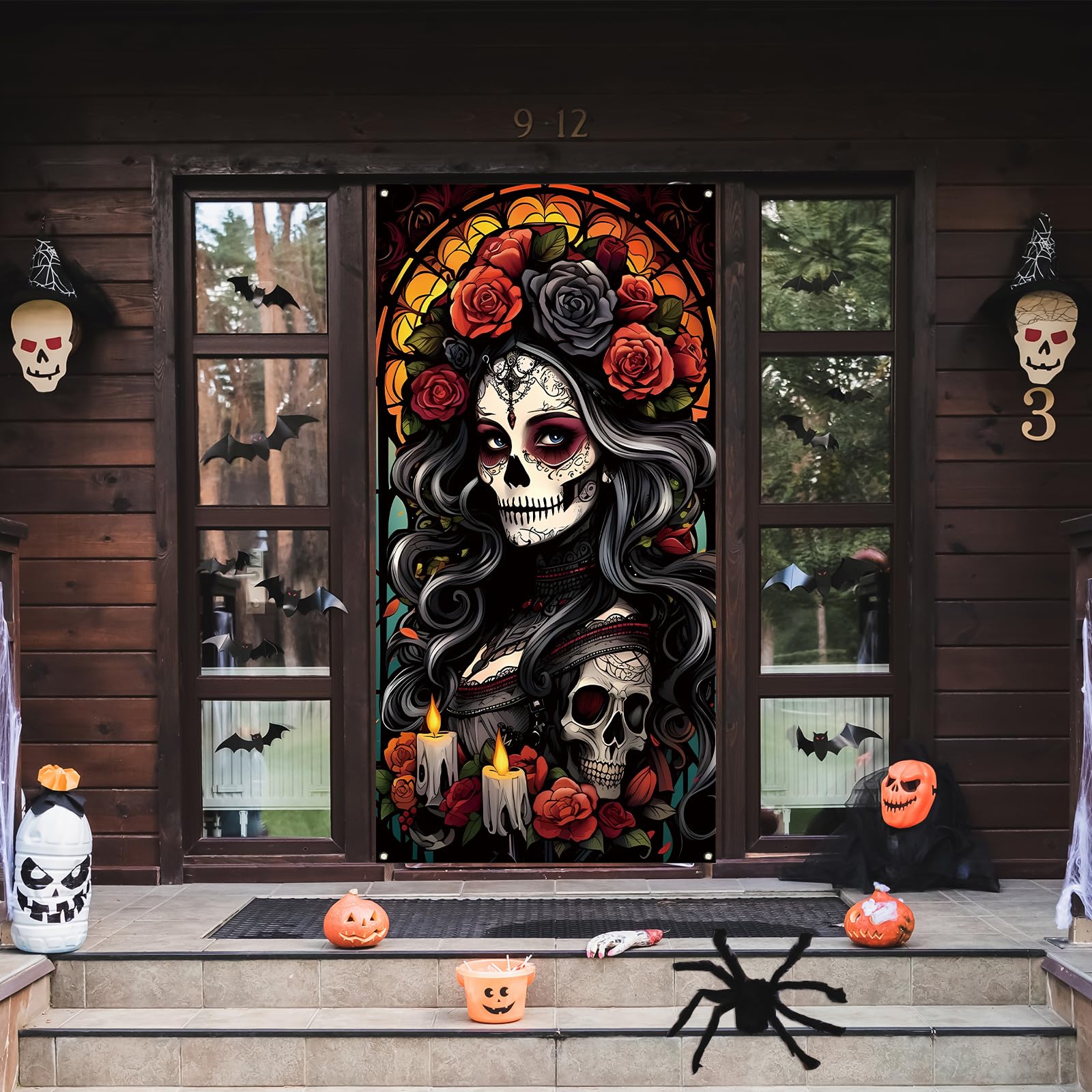 Day of The Dead Door Cover Dia De Los Muertos Backdrop Sugar Skull Rose Altar Mexican Fiesta Party Decorations and Supplies for Home