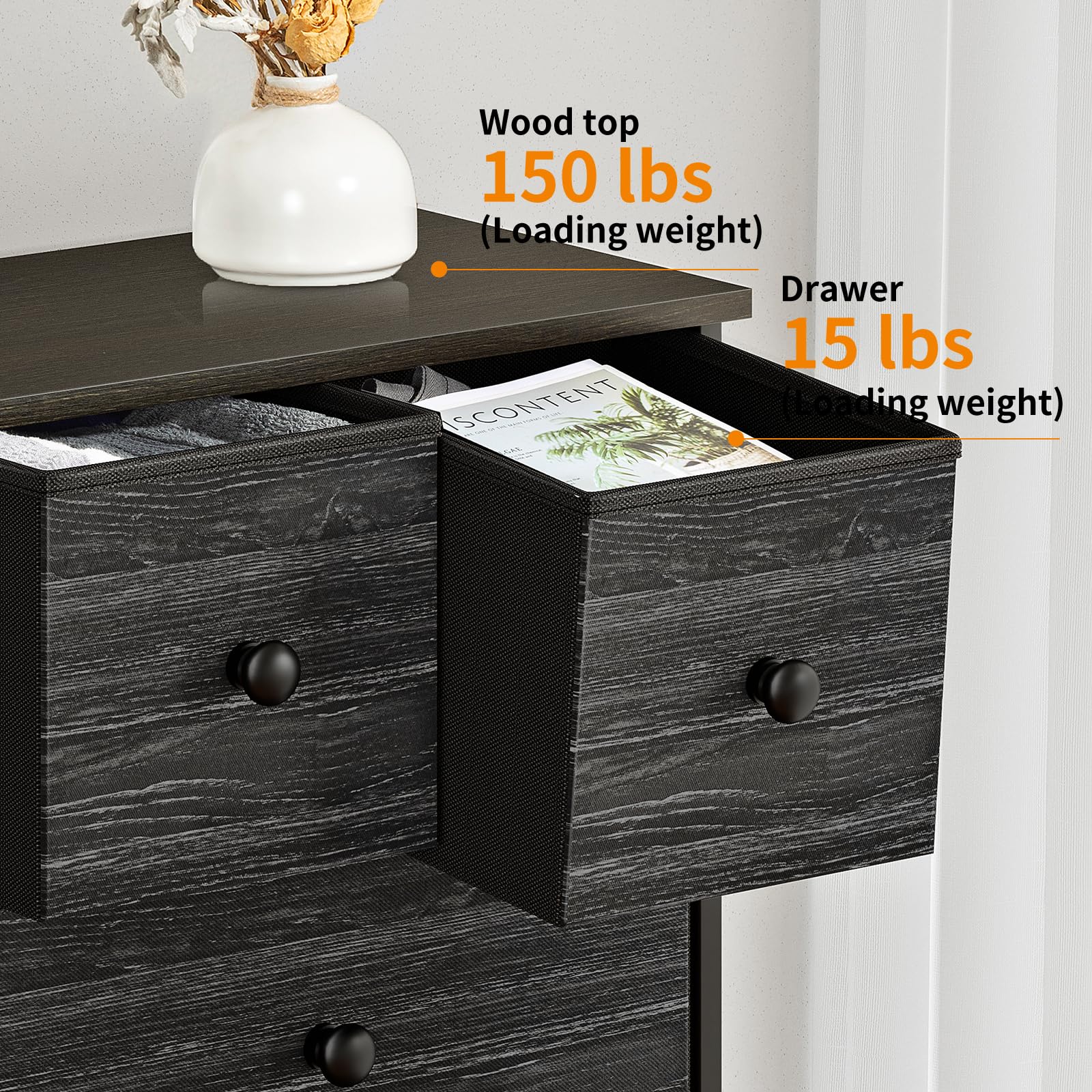 REAHOME 10 Drawer Dresser for Bedroom Fabric Storage Tower Wide Black Dresser with Wood Top Sturdy Steel Frame Storage Organizer Unit for Living Room Hallway Entryway Closets Nursery (Charcoal Black)