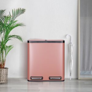 Arlopu 8 Gallon Dual Trash Can, 30L Stainless Steel Kitchen Garbage Can, Step-on Classified Recycle Garbage Bin with Removable Inner Buckets, for Kitchen, Living Room, Office (Pink)