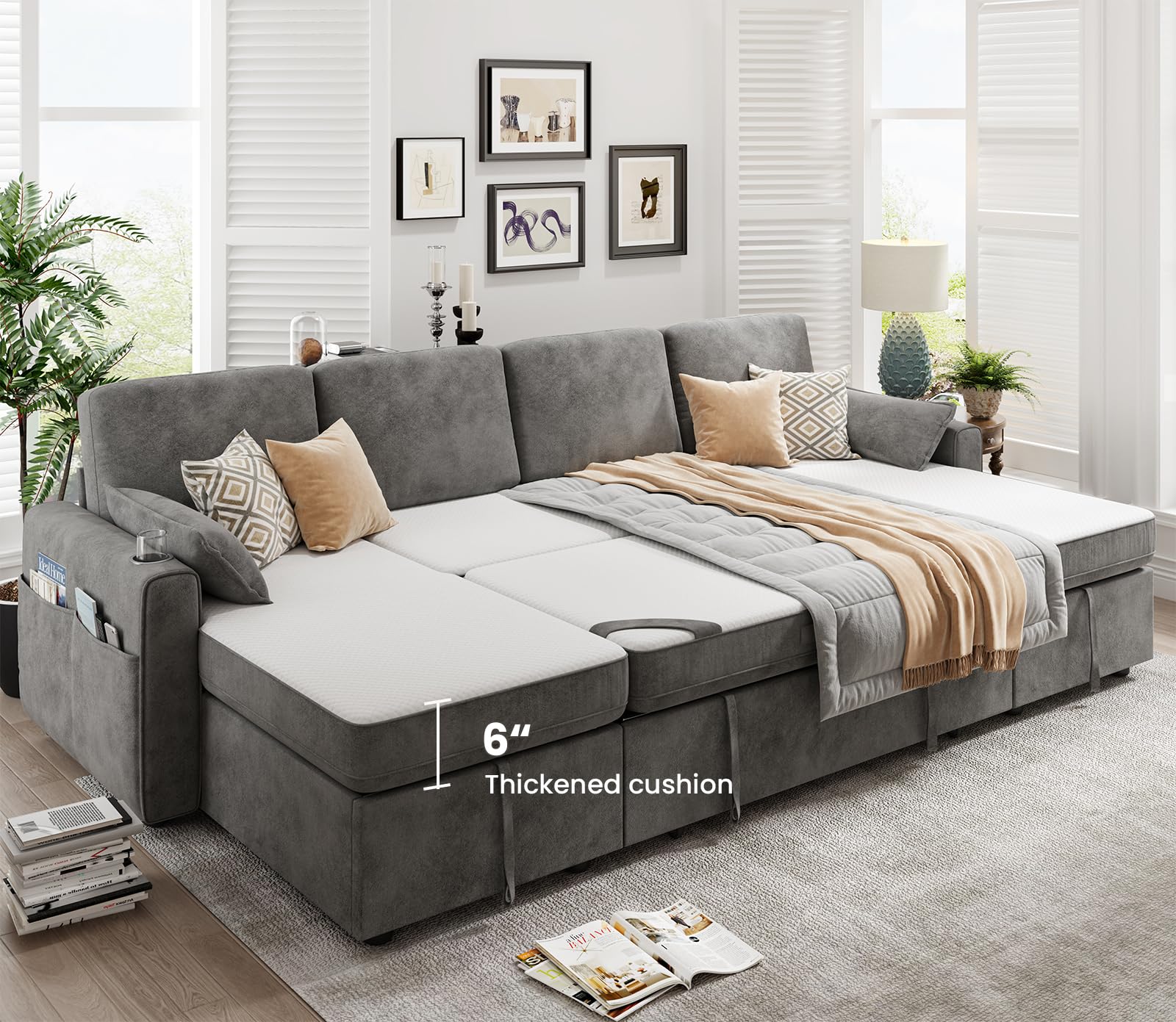 KKL Sofa Bed Couch with Storage Chaise, 85'' Pull Out Couch, Sleeper Sofa Couch with Pull Out Bed, Convertible Sectional Couch, Couch Bed Sofa Pull Out, Couches for Living Room, Chenille, Dark Grey