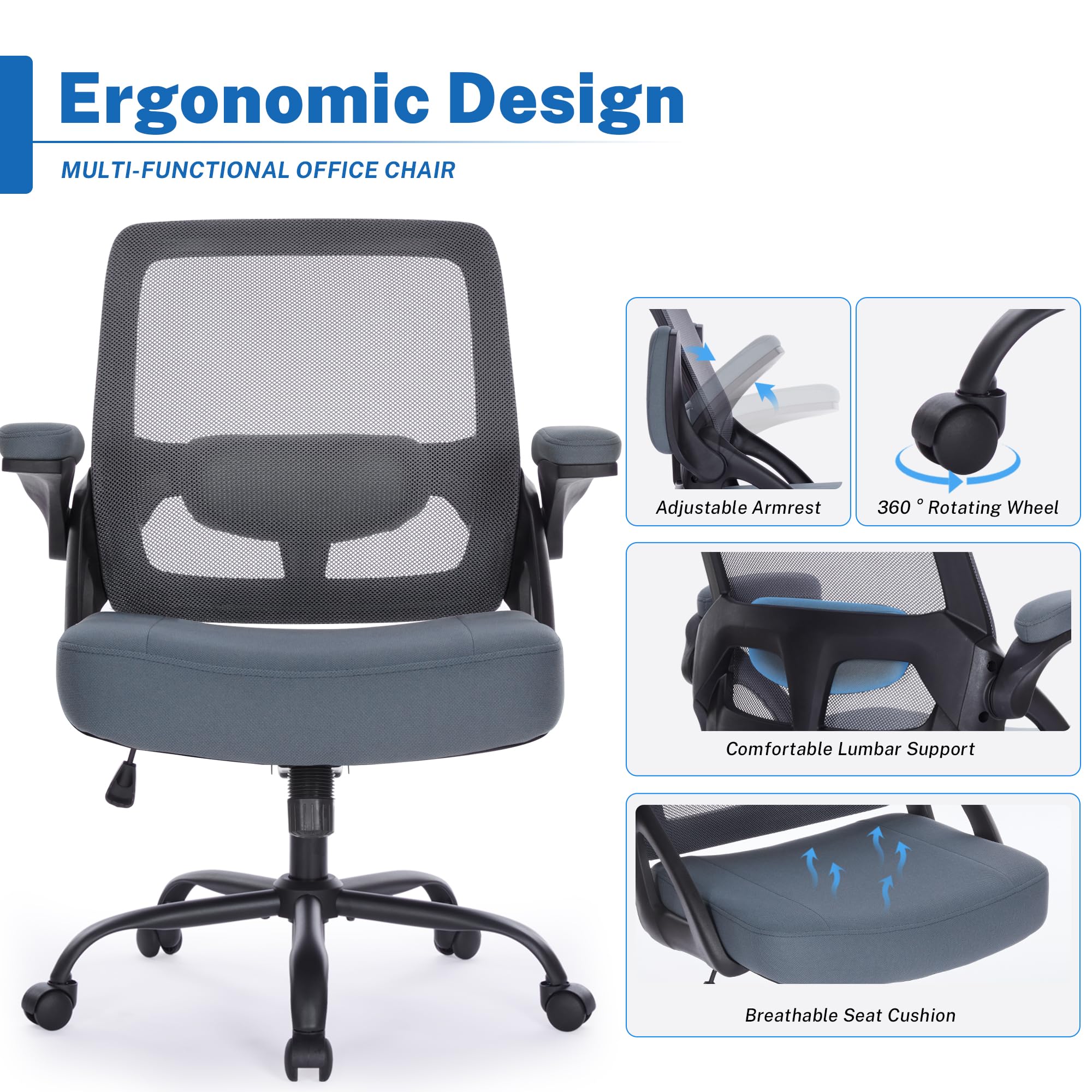 400lb Big and Tall Office Chair, Mesh Heavy Duty Desk Chair, Flip Arms Plus Size Ergonomic Computer Chair Extra Wide Seat, Executive Home Office Rolling Swivel Task Chairs for Heavy People