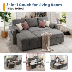 KKL Sofa Bed Couch with Storage Chaise, 85'' Pull Out Couch, Sleeper Sofa Couch with Pull Out Bed, Convertible Sectional Couch, Couch Bed Sofa Pull Out, Couches for Living Room, Chenille, Dark Grey