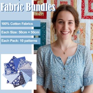 100% Cotton Quilting Fabric Bundle, 10Pcs Fat Quarters Fabric Bundles 50cm x 50cm, Pre-Shrunk, Medium Weight Plain Quilting Fabric Squares for Quilts, Sewing, Patchwork, DIY, Craft (Blue)