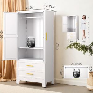 GAIOUS Metal Wardrobe Cabinet with Hanging Rod, 71" Metal Clothing Storage Cabinets with 2 Door, 1 Adjustable Shelf and 2 Drawers, Steel Armoire Wardrobe Closet for Bedroom, Gym, Cloak Room (White)