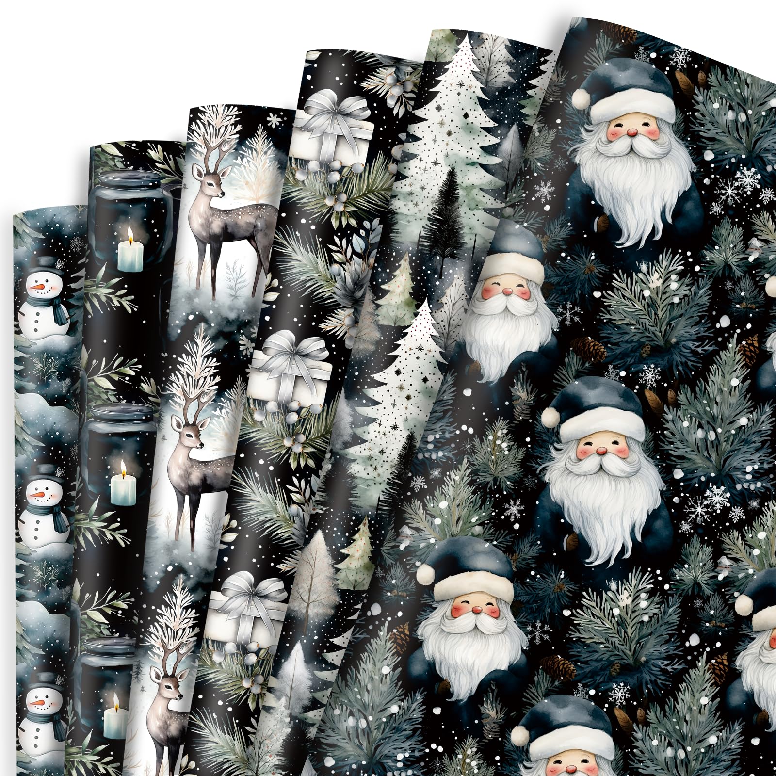 Vnaaem Black Christmas Wrapping Paper 6 Watercolor Xmas Style Gift Wrapping Paper Bulk Santa Snowman Christmas Trees and Reindeer Designs Folded Flat for Winter Holiday - 20 X 28Inches Per Sheet(6 Pack)