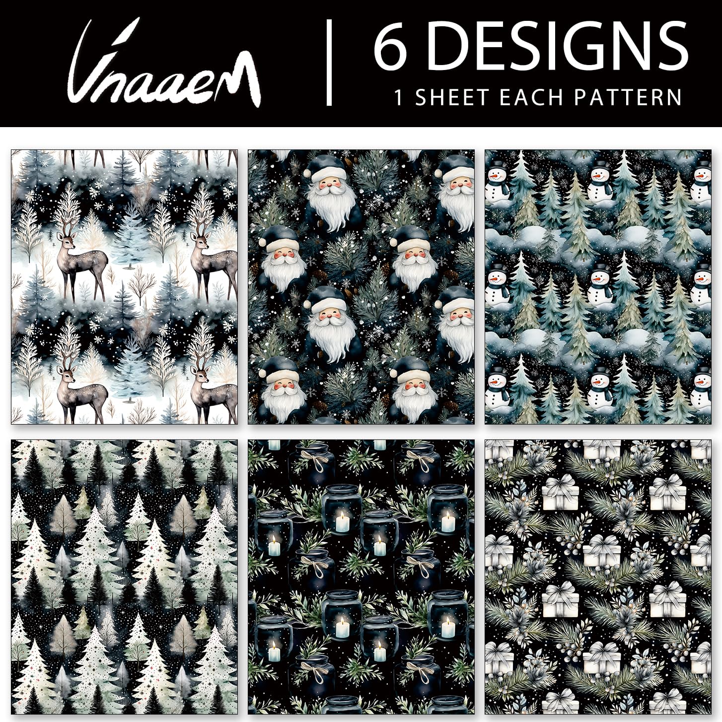 Vnaaem Black Christmas Wrapping Paper 6 Watercolor Xmas Style Gift Wrapping Paper Bulk Santa Snowman Christmas Trees and Reindeer Designs Folded Flat for Winter Holiday - 20 X 28Inches Per Sheet(6 Pack)