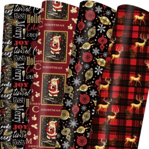 vnaaem vintage christmas wrapping paper red black gift wrap christmas text bufflao plaid and reindeer design for holiday party celebration - 20 x 28inches per sheet(8 pack)