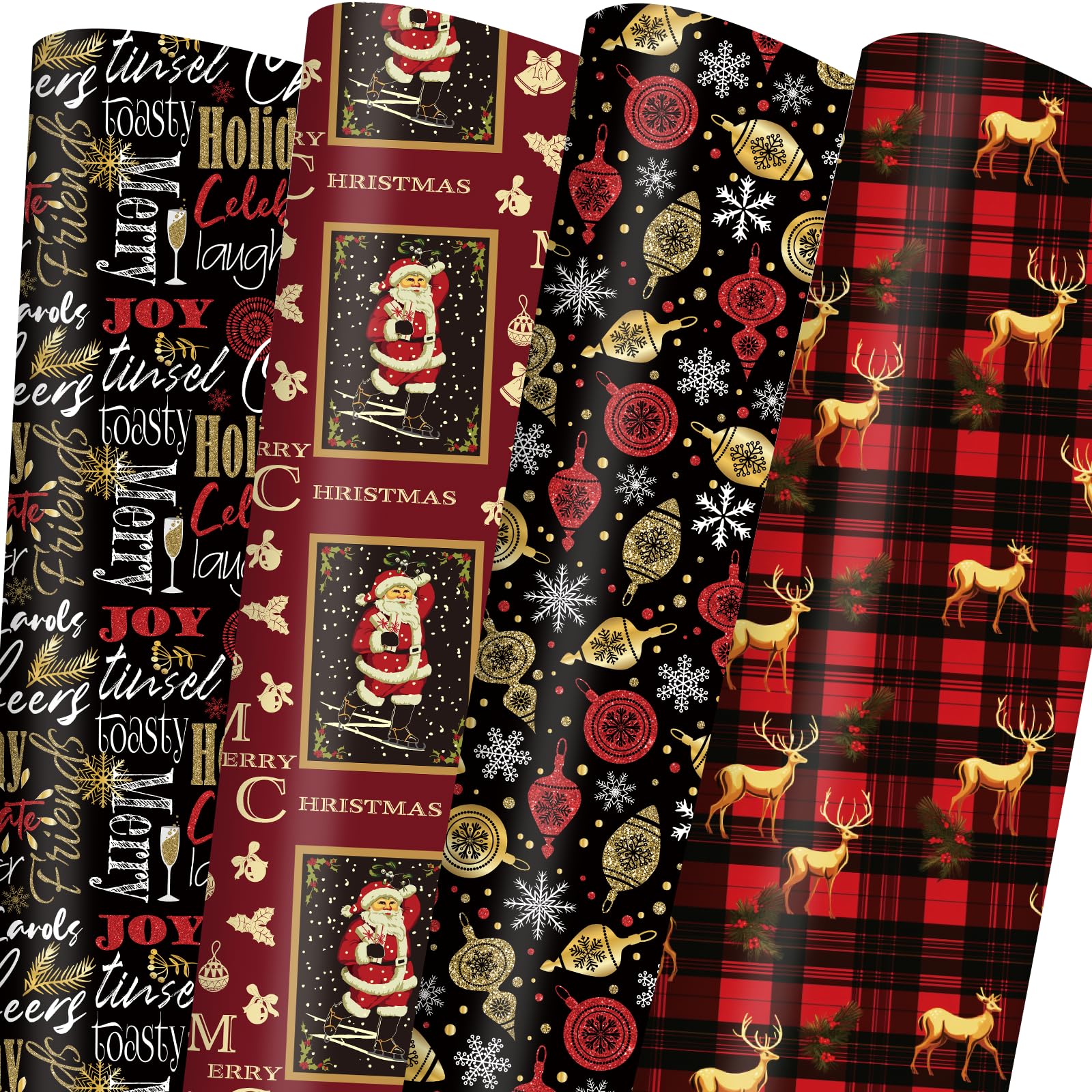 Vnaaem Vintage Christmas Wrapping Paper Red Black Gift Wrap Christmas Text Bufflao Plaid and Reindeer Design for Holiday Party Celebration - 20 X 28Inches Per Sheet(8 Pack)